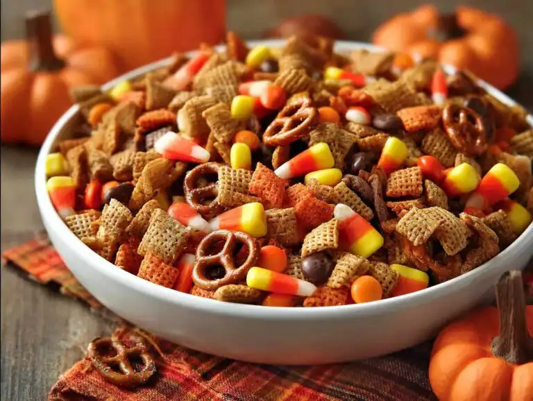 A large white bowl filled with a sweet and salty Halloween Chex Mix recipe with candy corn and chocolate candies.