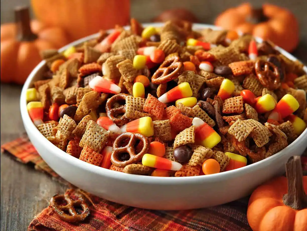 A large white bowl filled with a sweet and salty Halloween Chex Mix recipe with candy corn and chocolate candies.