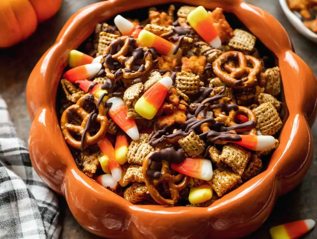 A bowl of sweet and salty Halloween snack mix with candy corn, pretzels, and Reese's Pieces.