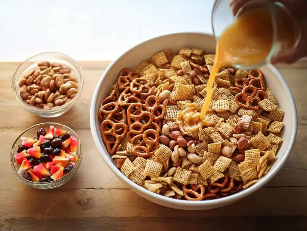 Pouring the seasoned butter coating over cereal and pretzels to make a homemade Halloween Chex Mix recipe.