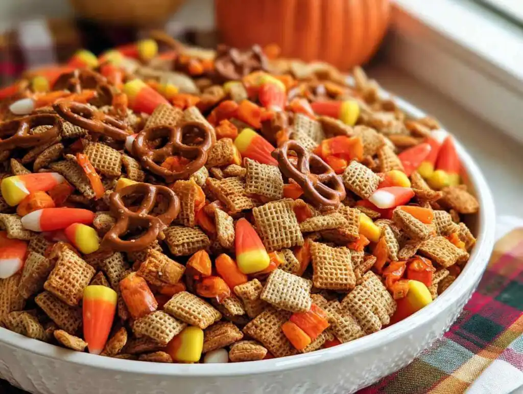 A large w bowl filled with a sweet and salty Halloween Chex Mix recipe with candy corn and chocolate candies