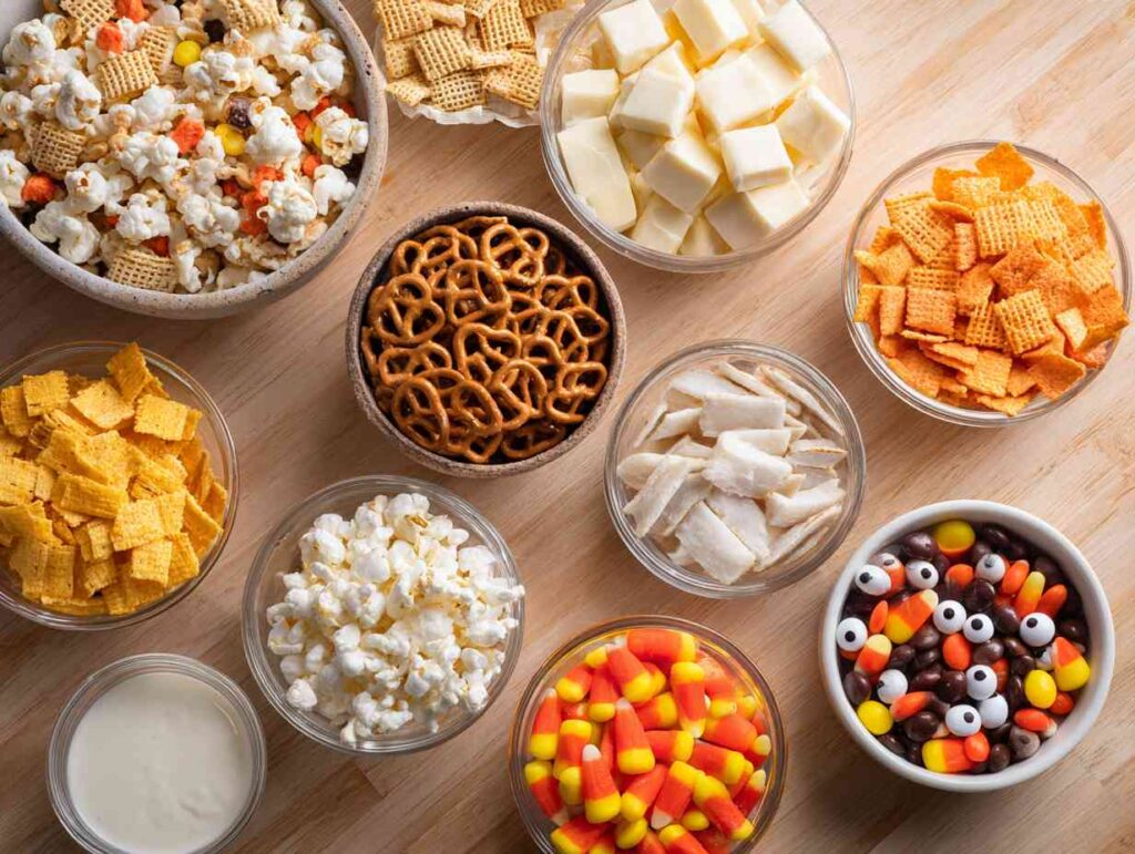 No Bake Halloween Chex Mix (An Easy & Fun Recipe!) 4 A large mixing bowl filled with the dry ingredients for a no-bake Halloween Chex mix, including cereals, pretzels, and colorful candies.