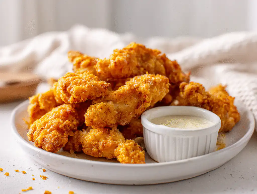 A bag of Tyson Southern Style Chicken Tenderloins with cooked, crispy tenders on a plate, next to an air fryer.