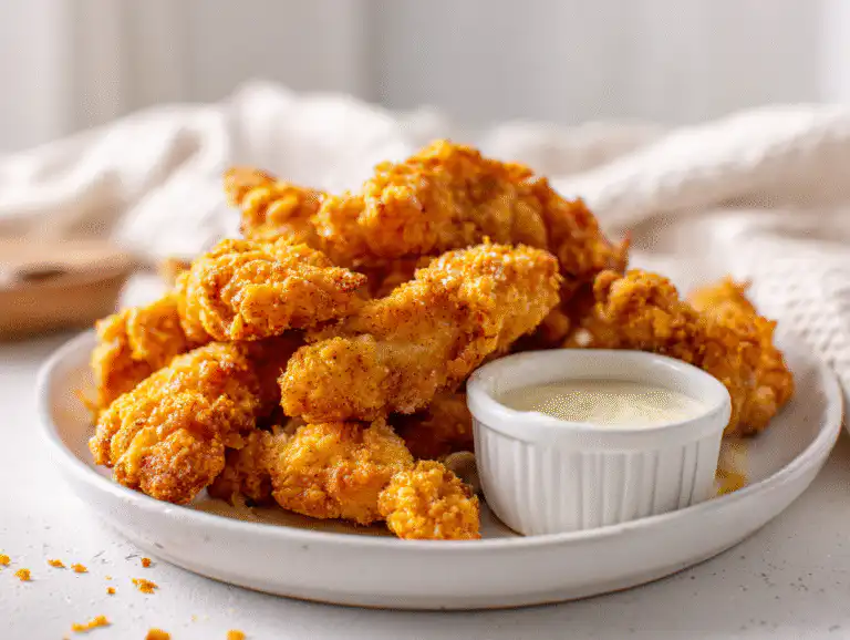 Best Air Fryer Tyson Southern Style Chicken Tenderloins 5 A bag of Tyson Southern Style Chicken Tenderloins with cooked, crispy tenders on a plate, next to an air fryer.