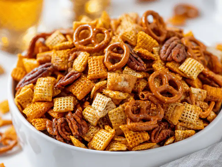 Easy Pumpkin Spice Chex Mix (Ready in 15 Minutes!) 9 A white bowl filled with the best Pumpkin Spice Chex Mix with white chocolate and pecans, on a bright white table.