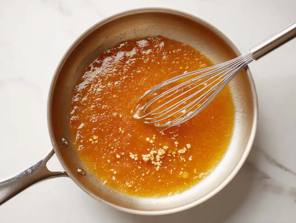 Whisking the Honey Citrus Chicken Recipe sauce in a skillet.
