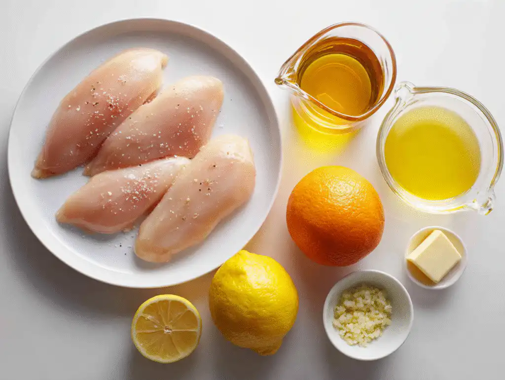 Ingredients for Citrus Honey Chicken with honey, oranges, and lemons on a white table.