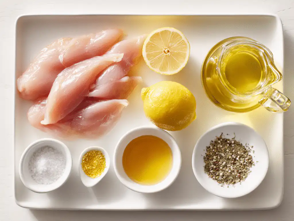 Juicy Grilled Chicken Tenderloins (Family Favorite!) 7 The simple ingredients for a grilled chicken tenders marinade, including chicken, olive oil, and a lemon, on a white table.