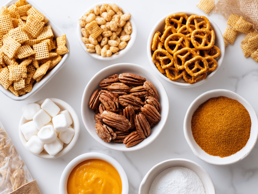 Easy Pumpkin Spice Chex Mix (Ready in 15 Minutes!) 6 Ingredients for a pumpkin spice chex mix recipe, including Chex cereal, white chocolate, and pumpkin puree, on a white table.