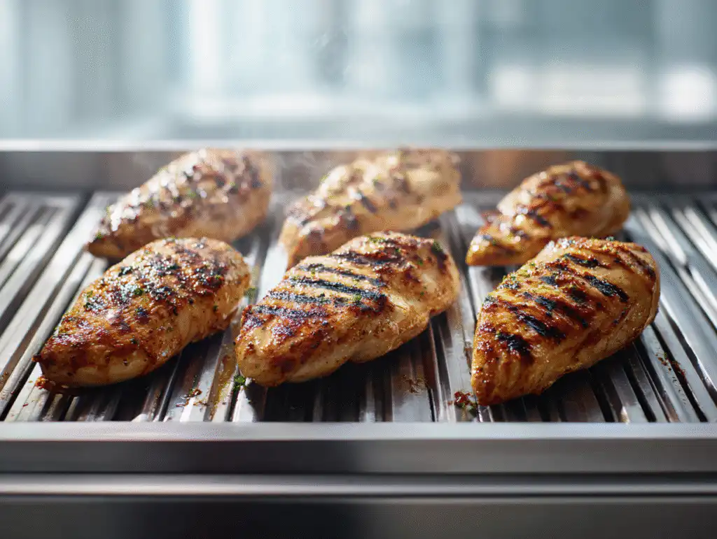 Juicy Grilled Chicken Tenderloins (Family Favorite!) 9 Grilled Chicken Tenderloins cooking on the hot grates of a gas grill.