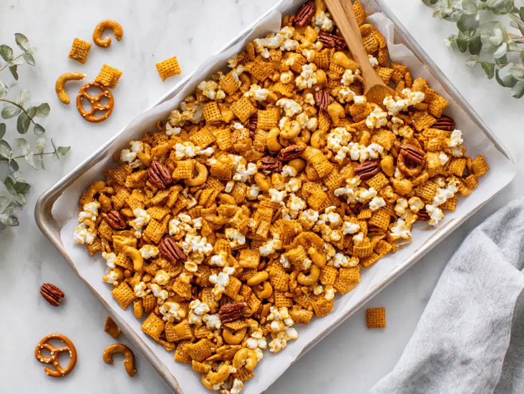 Easy Pumpkin Spice Chex Mix (Ready in 15 Minutes!) 8 Spreading the finished pumpkin spice chex mix onto a parchment-lined baking sheet to cool.