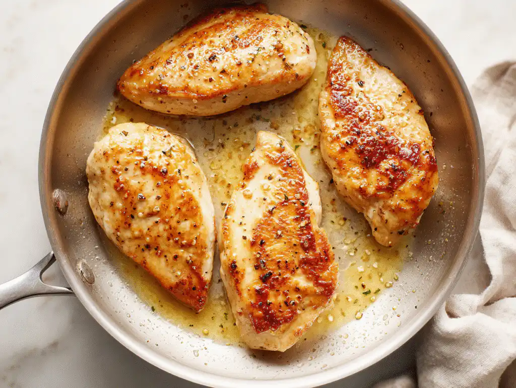 Searing boneless, skinless chicken breasts in a skillet until golden brown.