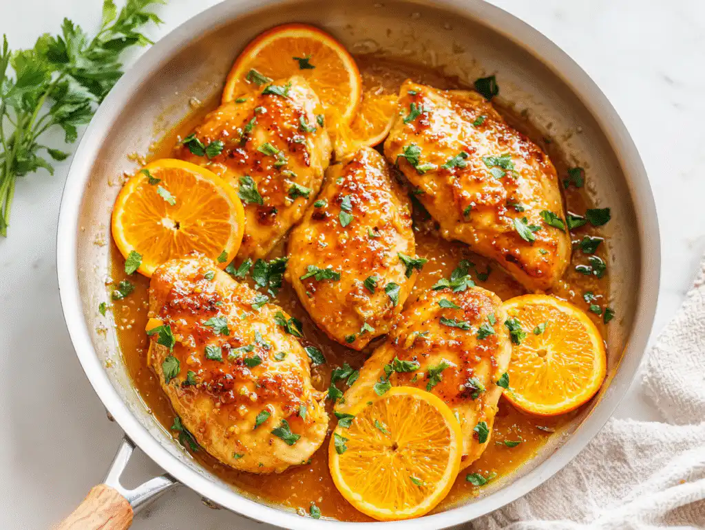 A Citrus Honey Chicken skillet dinner with golden chicken, orange slices, and a glossy honey-citrus sauce, on a white table.
