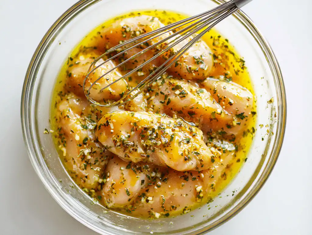 Juicy Grilled Chicken Tenderloins (Family Favorite!) 8 Raw grilled chicken tenders marinade being mixed with fresh chicken tenderloins in a bowl.
