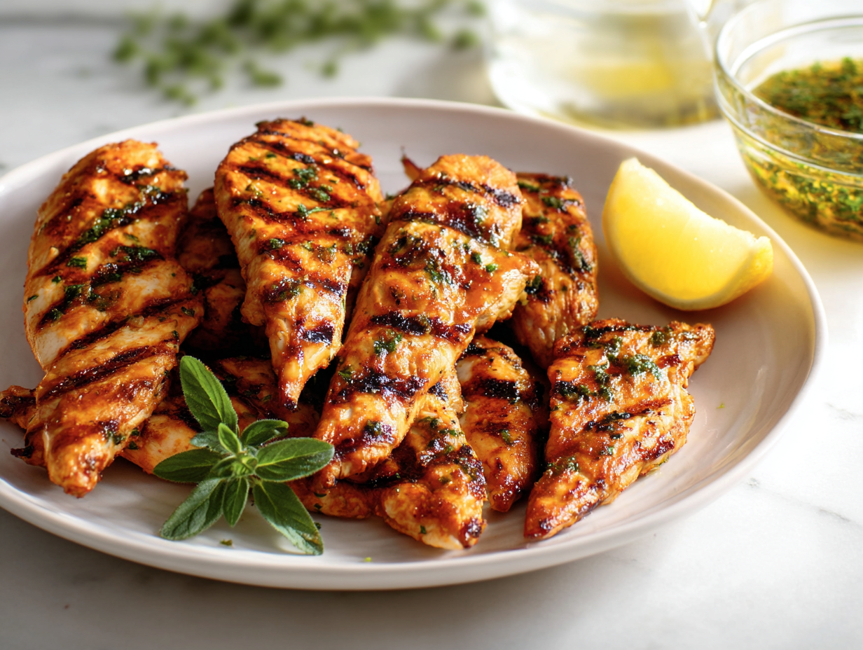 Juicy Grilled Chicken Tenderloins (Family Favorite!) 6 A white plate of the best juicy grilled chicken tenderloins with lemon and herbs, on a bright white table.