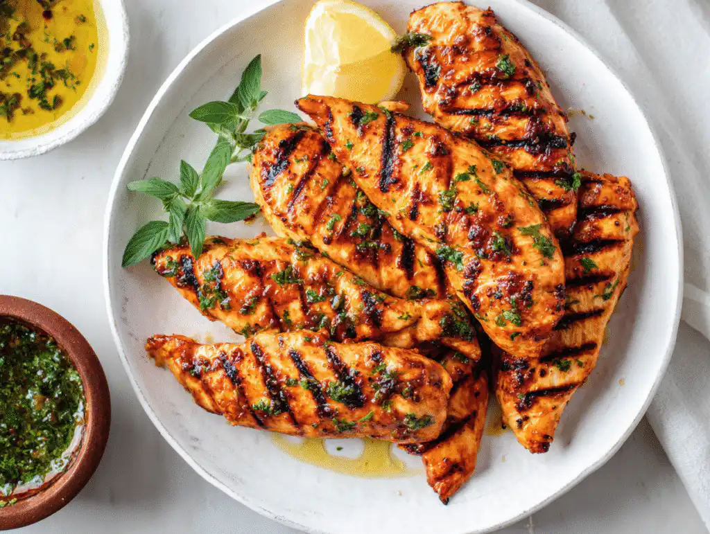 Juicy Grilled Chicken Tenderloins (Family Favorite!) 10 A white plate of the best juicy grilled chicken tenderloins with lemon and herbs.