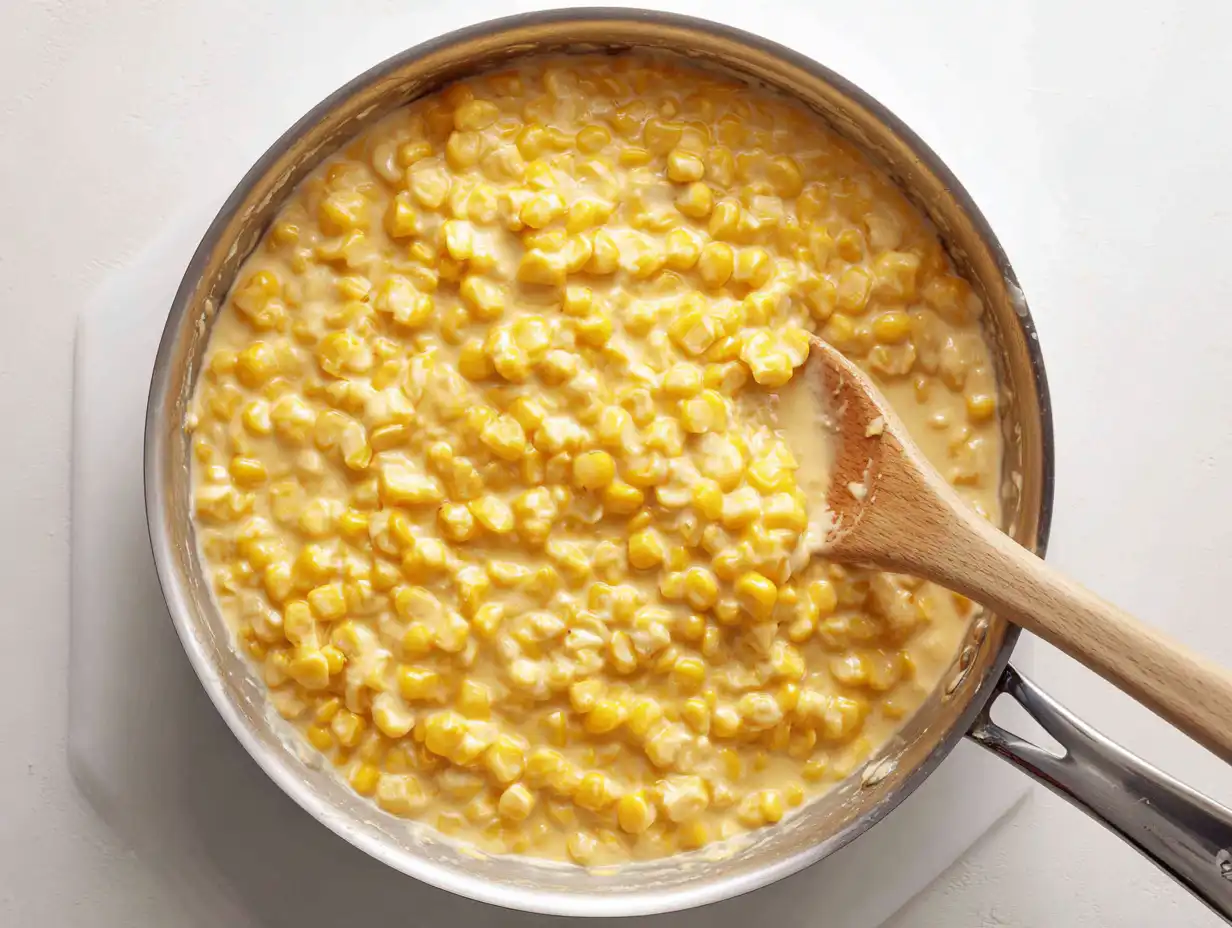 The finished Creamed Corn simmering in a skillet on the stovetop.