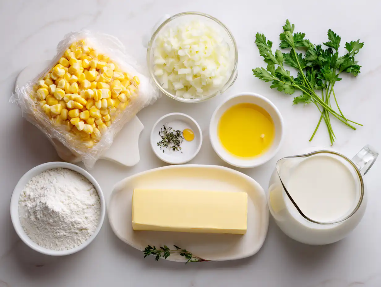 Ingredients for a simple Creamed Corn recipe with heavy cream and butter.