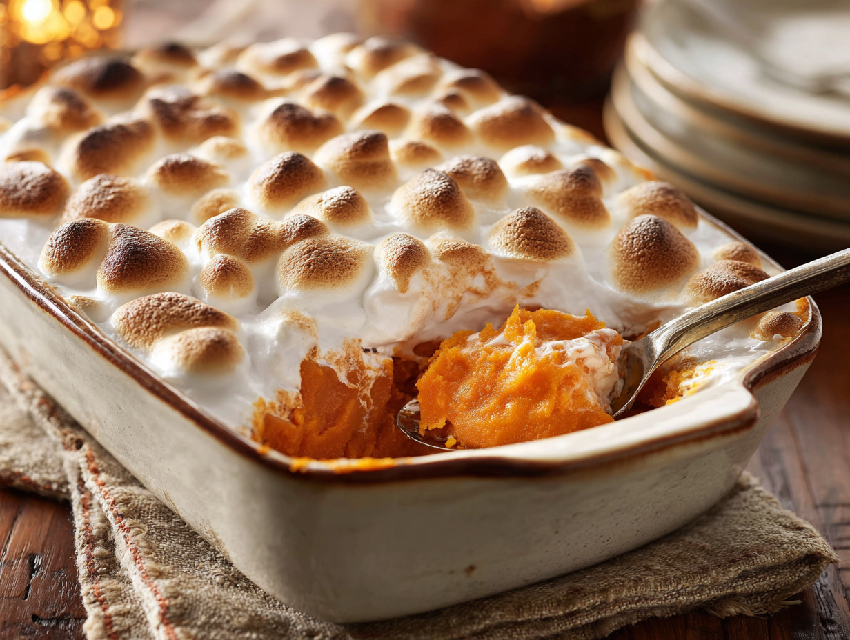 The best old-fashioned sweet potato casserole with marshmallows, served in a holiday baking dish