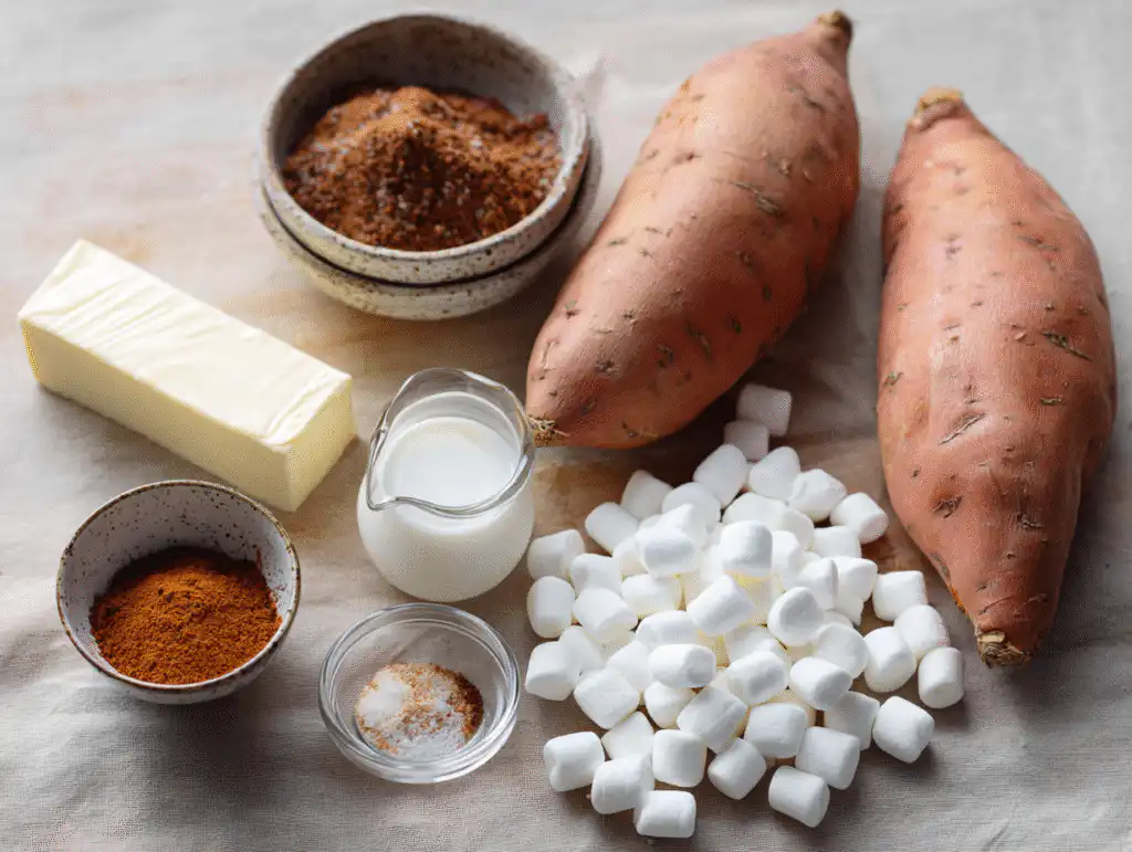 Ingredients for a classic sweet potato casserole with marshmallows, including fresh sweet potatoes, brown sugar, and spices.