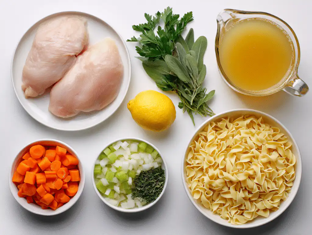 Ingredients for an easy chicken noodle soup recipe with raw chicken, egg noodles, vegetables, broth, and herbs on a white table.