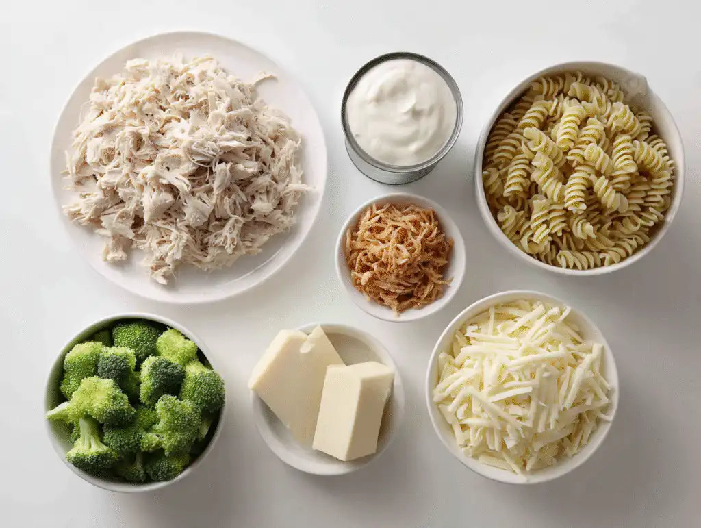 The Best Creamy Chicken Noodle Casserole (Old-Fashioned Comfort!) 6 Chicken Noodle Casserole ingredients measured in clear portions on a white table: shredded chicken, noodles, condensed soup, sour cream, broccoli, cheddar cheese, and crispy fried onions.
