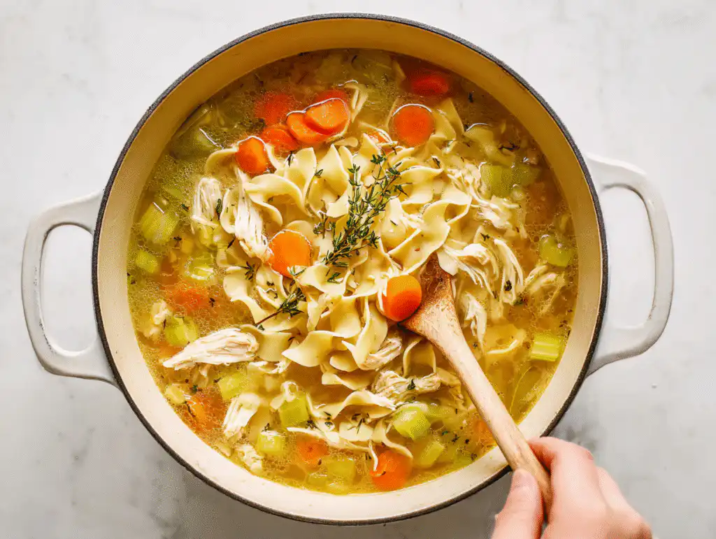 Stirring egg noodles into the simmering broth for Chicken Noodle Soup.