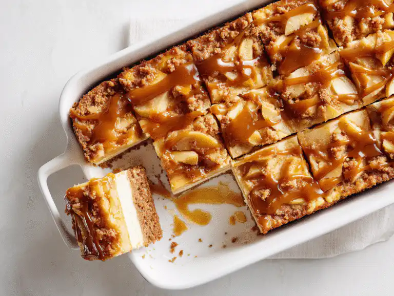 Sliced Caramel Apple Cheesecake Bars in a pan, drizzled with homemade caramel sauce, on a white table.