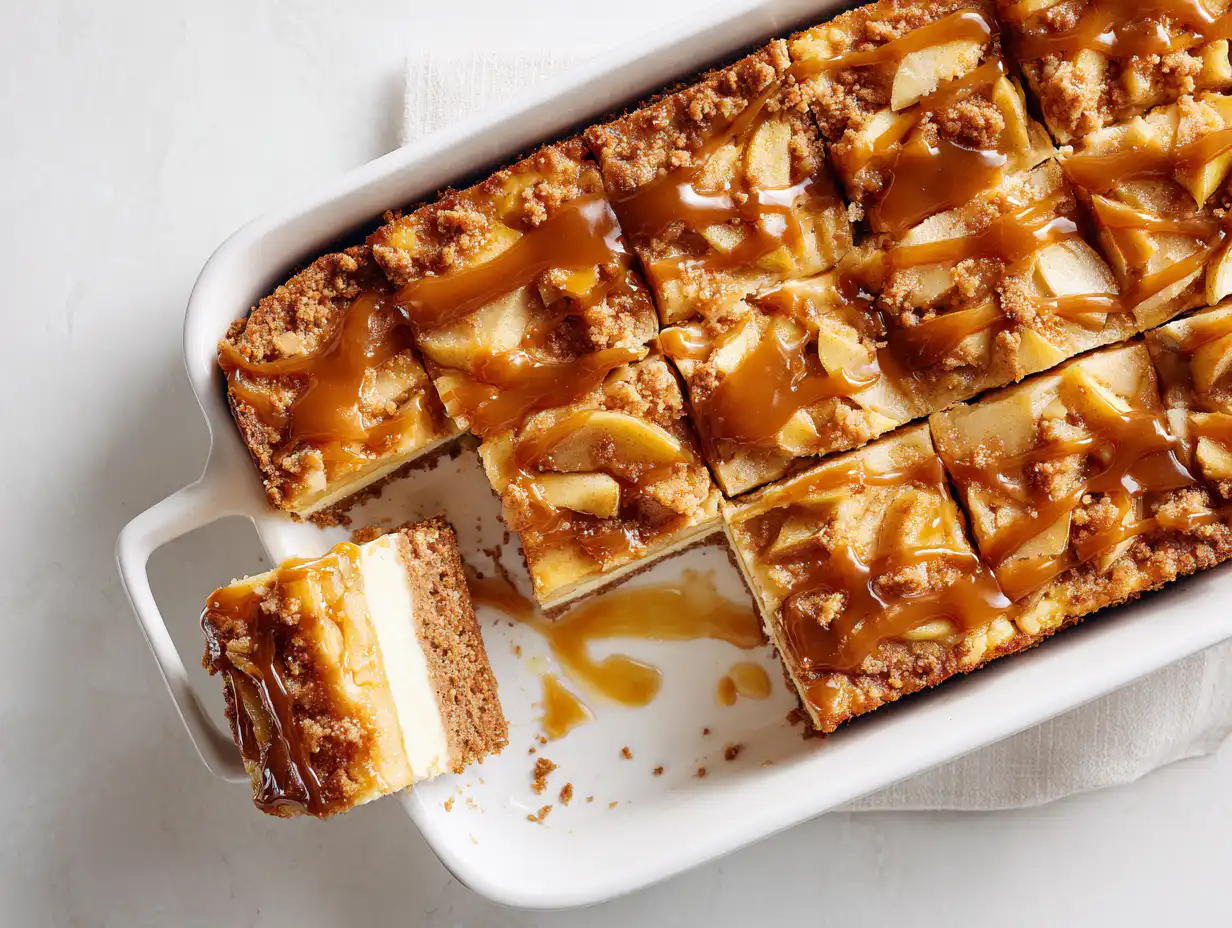 Sliced Caramel Apple Cheesecake Bars in a pan, drizzled with homemade caramel sauce, on a white table.