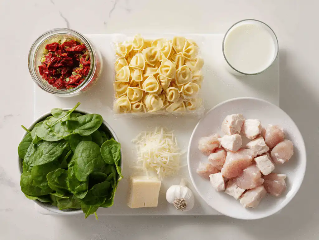 Ingredients for creamy marry me chicken soup including tortellini and sun-dried tomatoes.