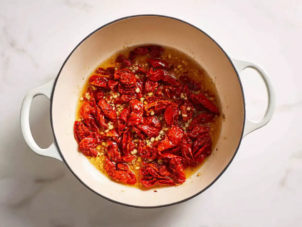 Sautéing garlic and sun-dried tomatoes for the Marry Me Chicken Soup base.
