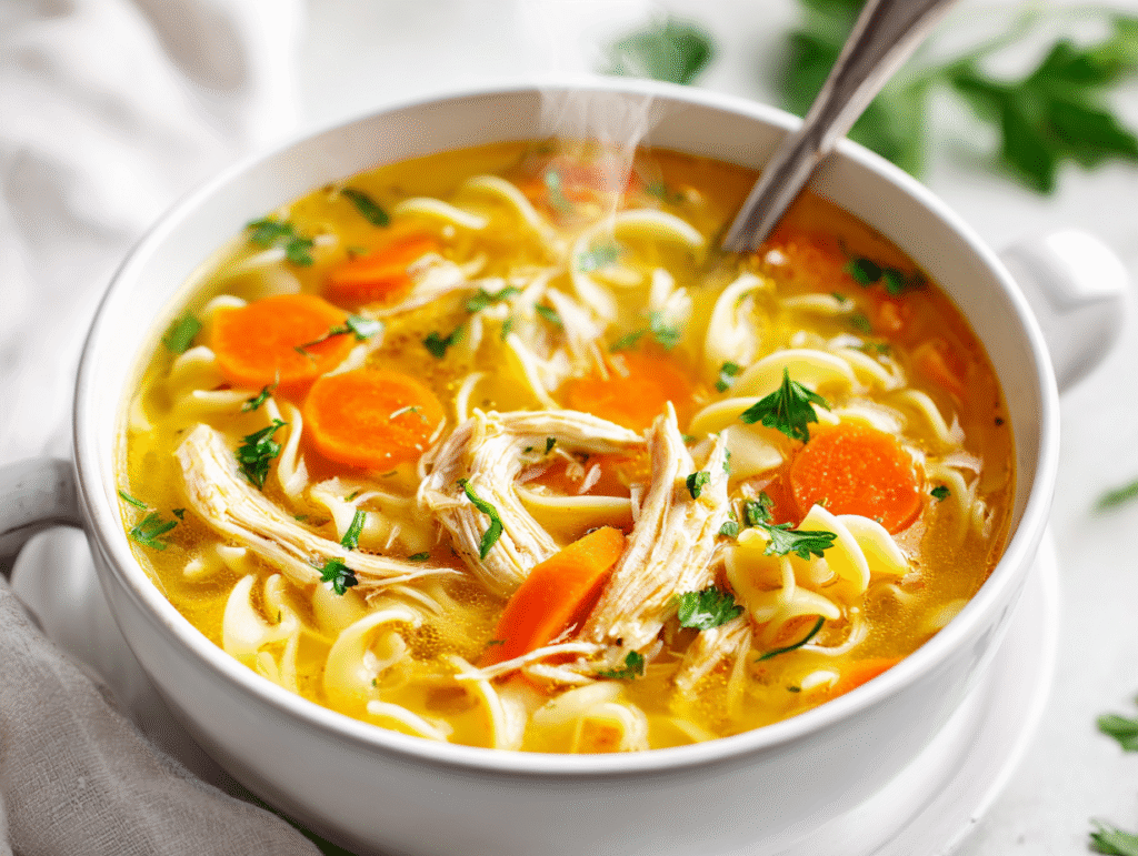 A bowl of warm, homemade chicken noodle soup with egg noodles and fresh herbs on a white table.