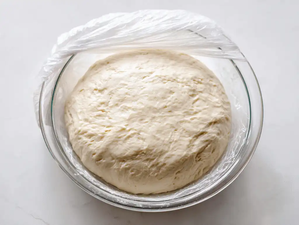 Homemade Garlic Bread Rolls dough during the first rise, doubled in size