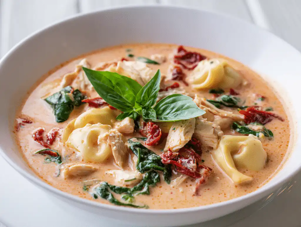 A bowl of creamy Marry Me Chicken Soup with tortellini and sun-dried tomatoes, on a bright white table.