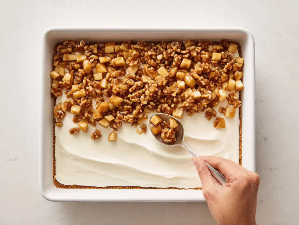 Assembling the Caramel Apple Cheesecake bars with a cheesecake layer and spiced apples.