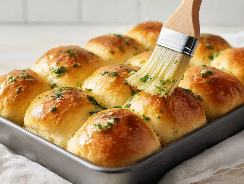Brushing warm Garlic Bread Rolls with a final layer of garlic herb butter.