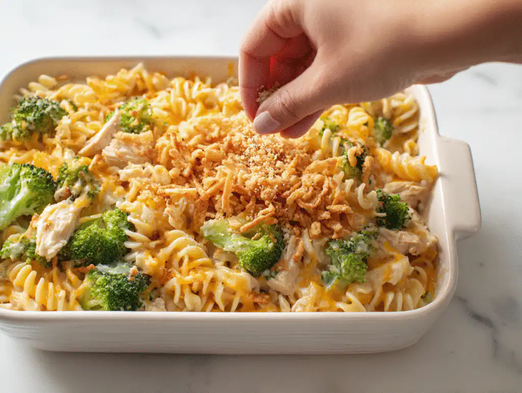 The Best Creamy Chicken Noodle Casserole (Old-Fashioned Comfort!) 8 Sprinkling crispy fried onions over a baked Chicken Noodle Casserole with broccoli, chicken, noodles, and cheese visible.