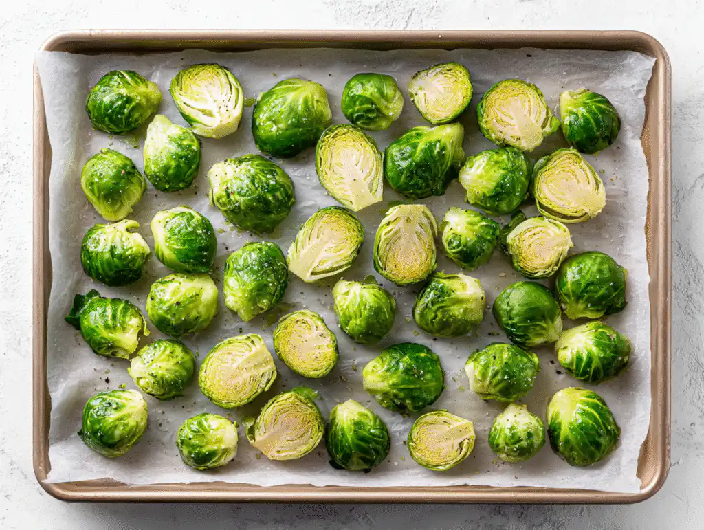 The Best Holiday Roasted Brussels Sprouts with Butternut & Pecans 8 Roasted Brussels Sprouts arranged cut-side down on a sheet pan for maximum crispiness.