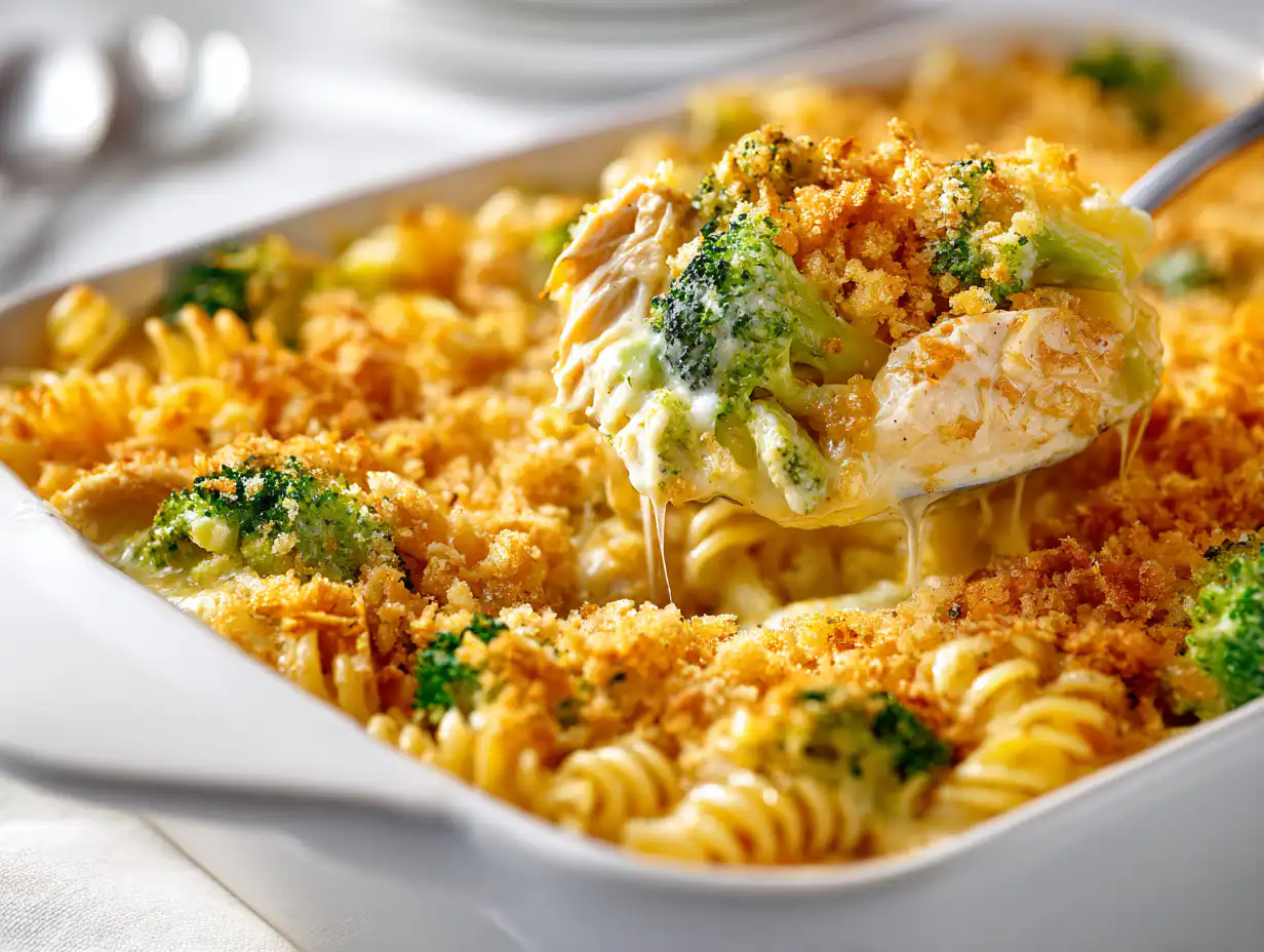 The Best Creamy Chicken Noodle Casserole (Old-Fashioned Comfort!) 5 The best creamy Chicken Noodle Casserole with chicken, broccoli, and a crispy fried onion topping, on a white table.
