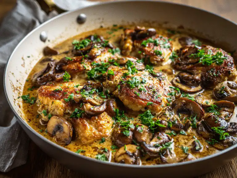 Creamy Mushroom Chicken in a warm skillet with golden chicken and caramelized mushrooms, served on a wooden table.