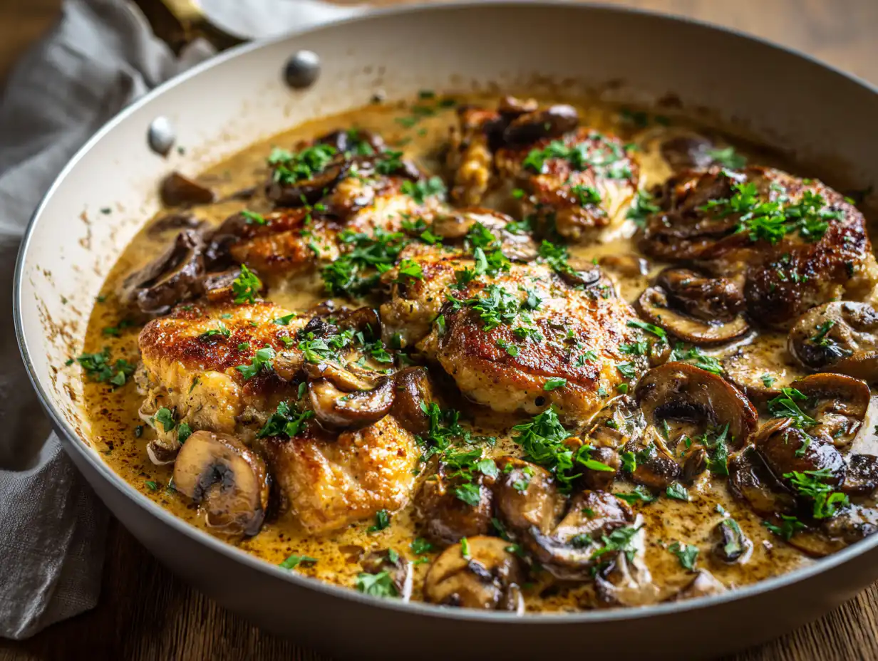 Creamy Mushroom Chicken in a warm skillet with golden chicken and caramelized mushrooms, served on a wooden table.