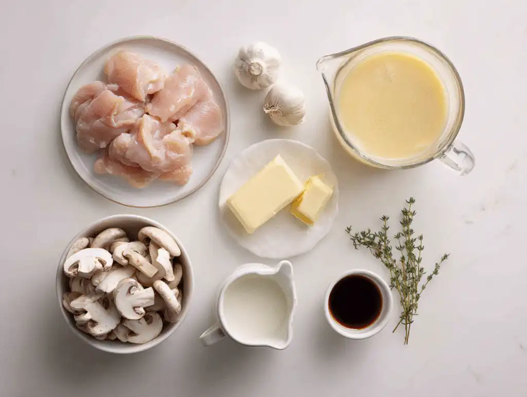 Ingredients for Mushroom Chicken cream sauce, featuring chicken, mushrooms, and heavy cream.