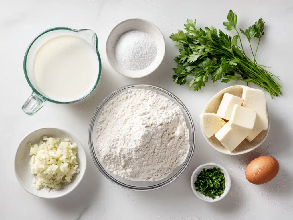 Ingredients for homemade Garlic Bread Rolls with fresh garlic and yeast.