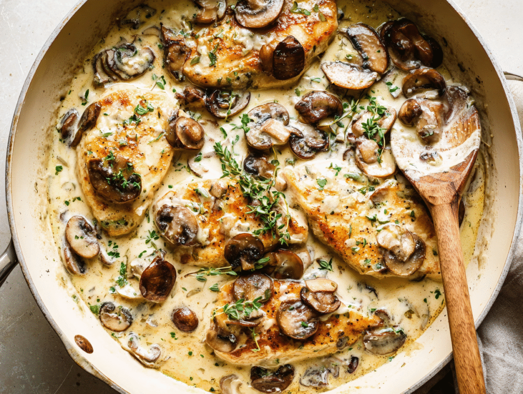 Finished Mushroom Chicken simmering in the final creamy sauce.