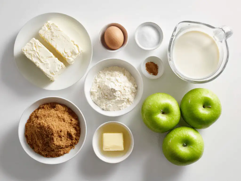 Ingredients for Caramel Apple Cheesecake bars on a white table.