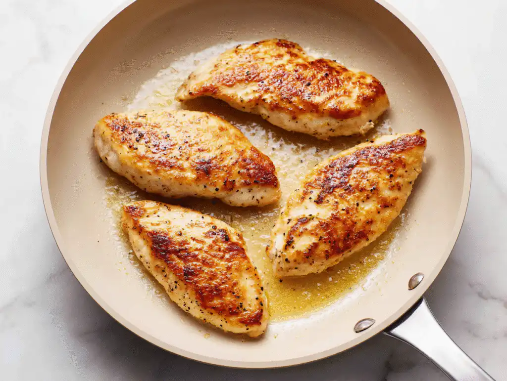 Searing thin chicken cutlets in a skillet until golden brown for Mushroom Chicken.