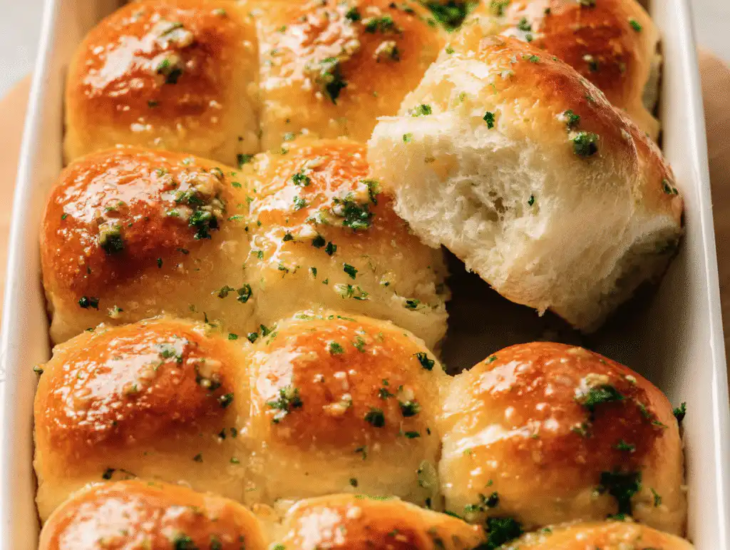 A dish of warm, fluffy Garlic Bread Rolls brushed with herb butter, on a white table.