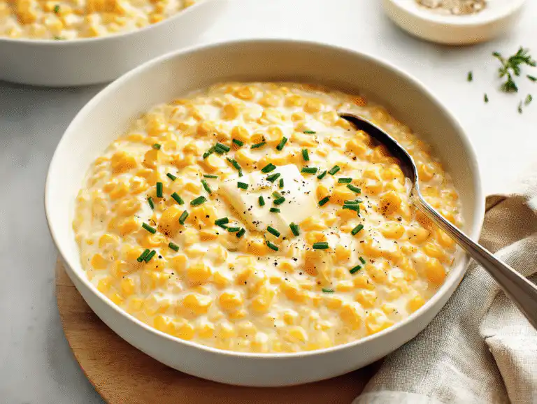 A bowl of the best homemade Creamed Corn, rich, thick, and topped with butter and chives, on a white table.