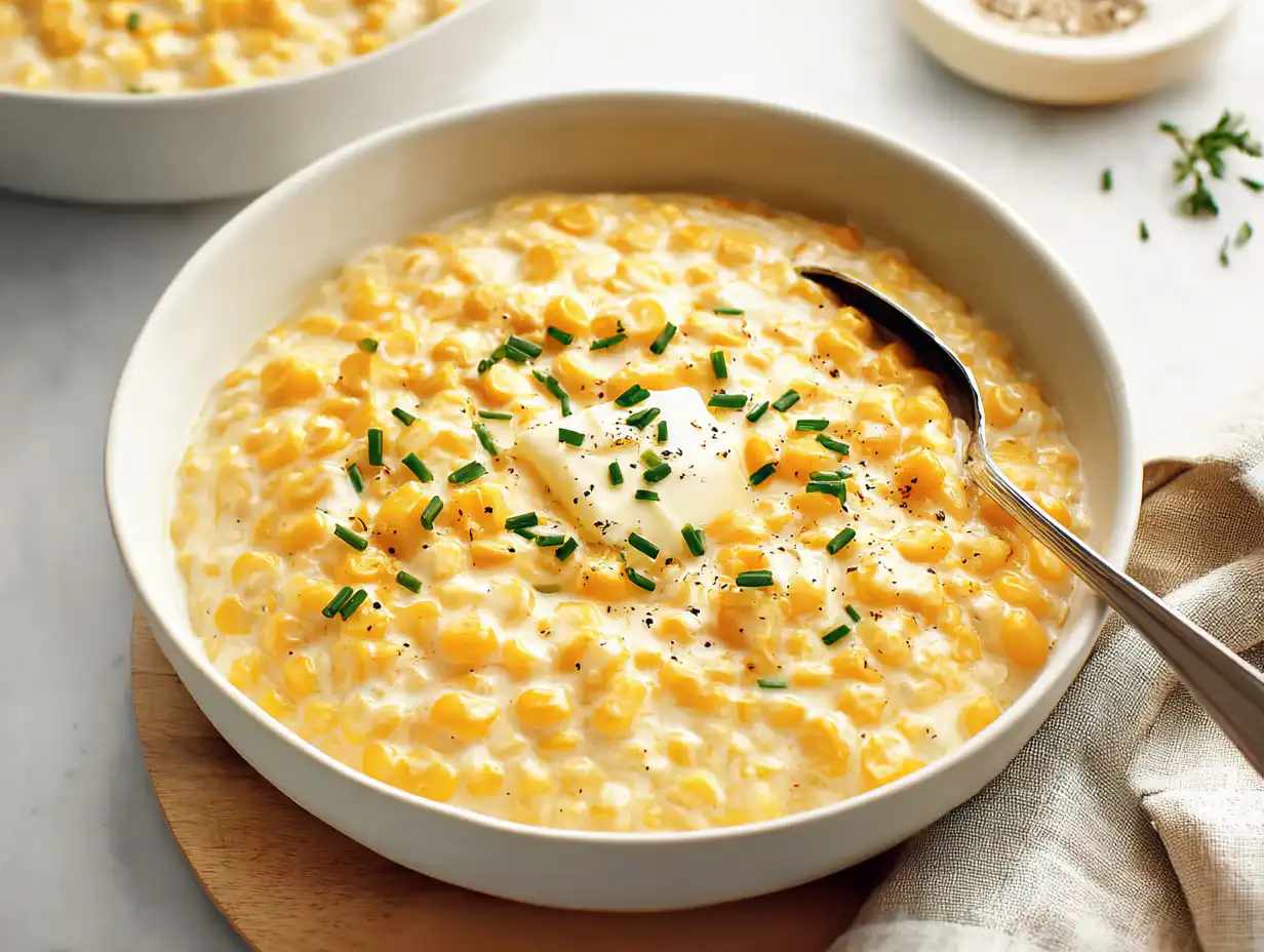 A bowl of the best homemade Creamed Corn, rich, thick, and topped with butter and chives, on a white table.