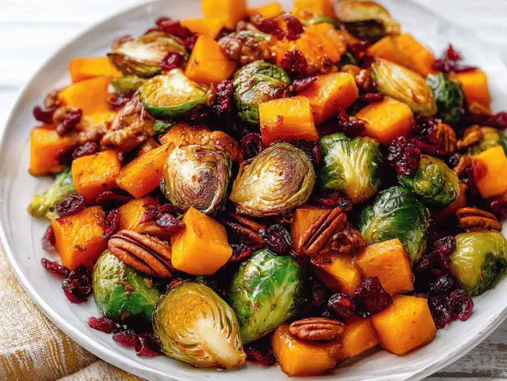 Roasted Brussels Sprouts and butternut squash with pecans and cranberries, a festive side dish for the holidays, on a white table.